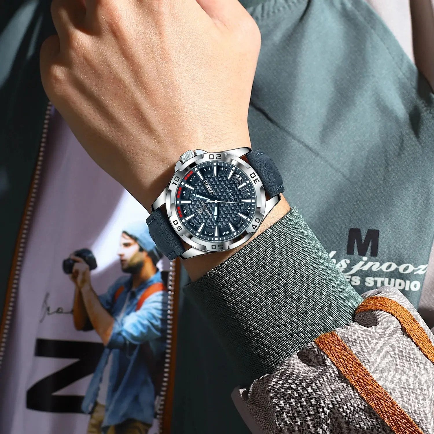 POEDAGAR Men's Leather Quartz Sports Watch in Black Gold with watch