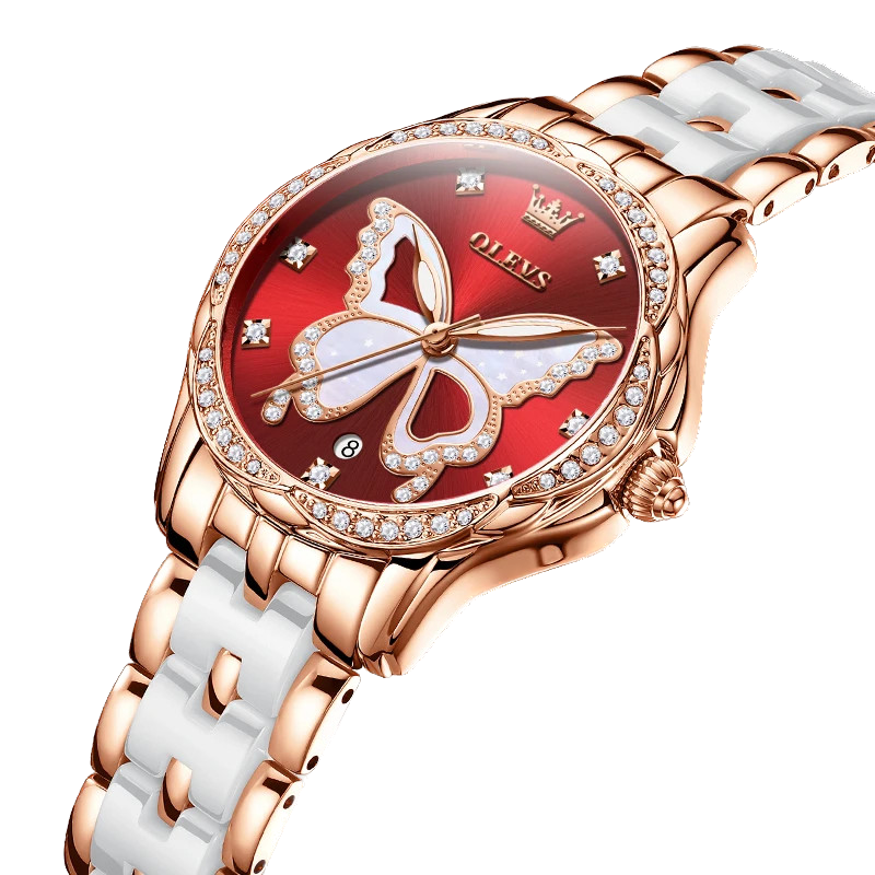 OLEVS Luxury Butterfly Diamond Rose Gold Ceramics Steel Women's Watch Waterproof