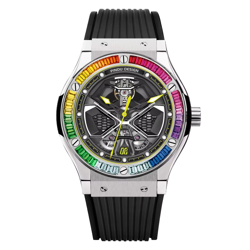 PINDU Luxury Color Diamond Mechanical Stainless Steel, Silicone Waterproof Watch