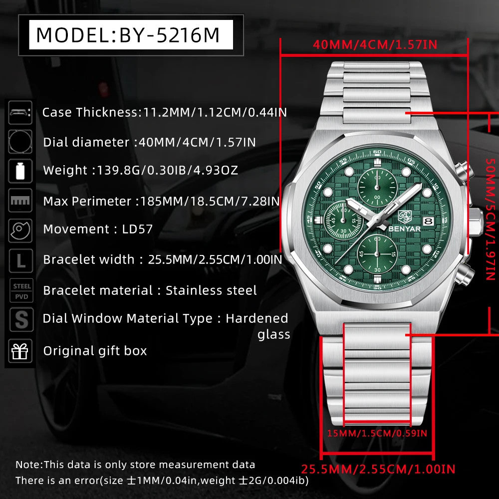 BENYAR BY‑5216 Luxury Quartz Chronograph Sports Watch for Men, Waterproof