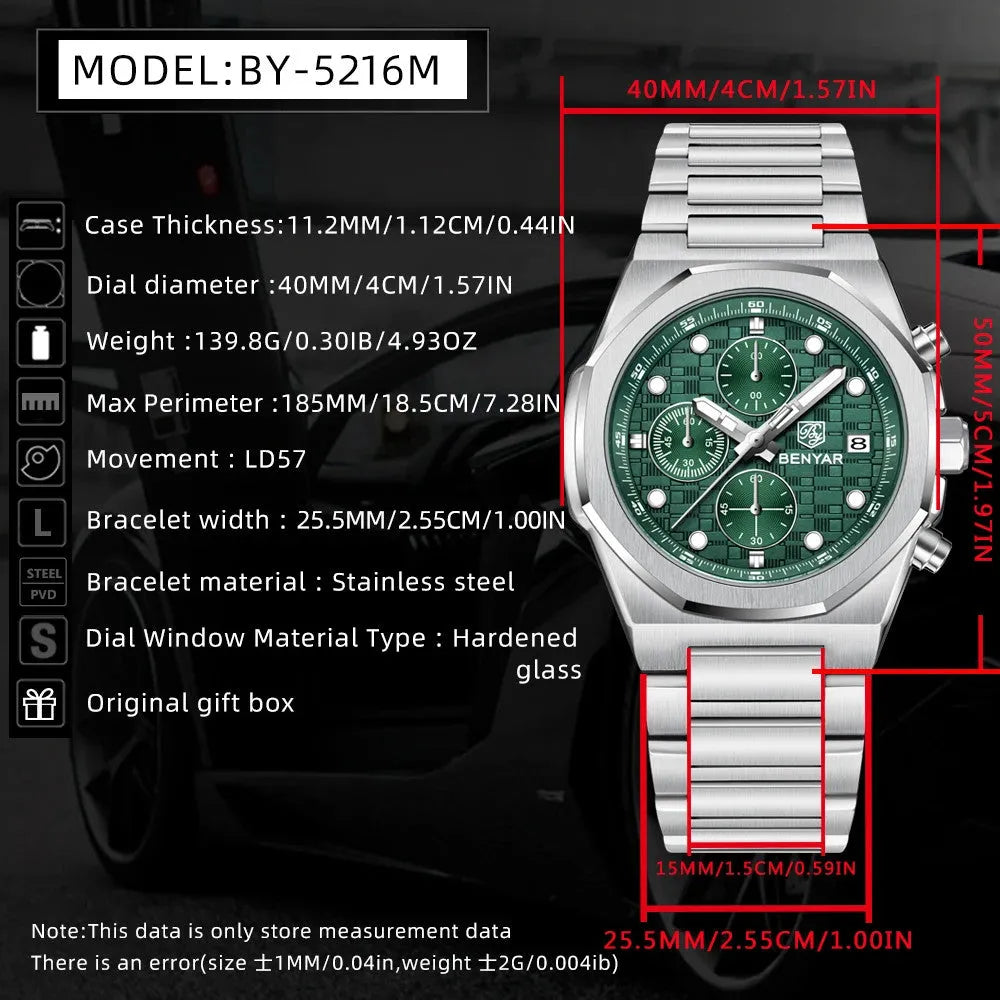 BENYAR BY‑5216 Luxury Quartz Chronograph Sports Watch for Men, Waterproof-PrimeTimepiece