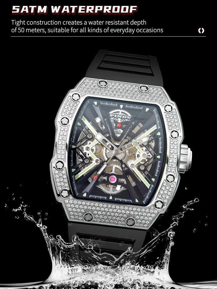  PINDU Mens Tonneau Watch 50 Meter Waterproof Luminous Sapphire Mirror Dial 
