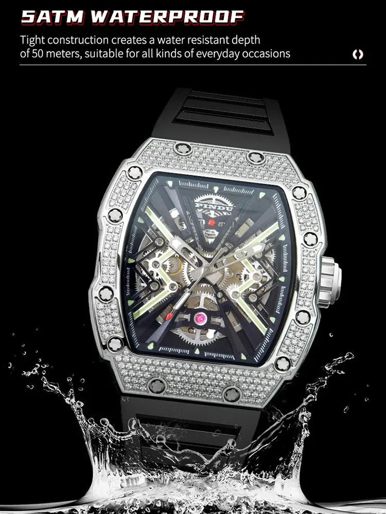 PINDU Mens Tonneau Watch 50 Meter Waterproof Luminous Sapphire Mirror Dial-PrimeTimepiece