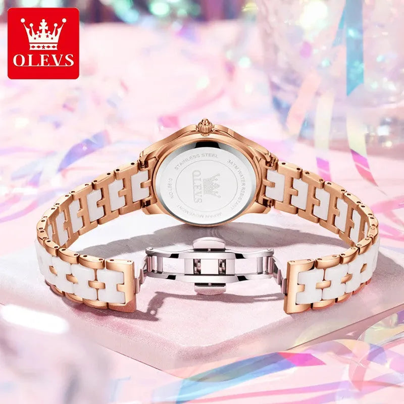 OLEVS Luxury Butterfly Diamond Rose Gold Ceramics Steel Women's Watch Waterproof-PrimeTimepiece