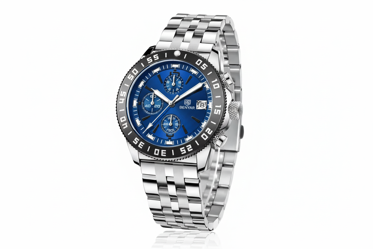 BENYAR BY-5198 Men's Quartz Sports Chronograph Watch in Blue Silver with watch