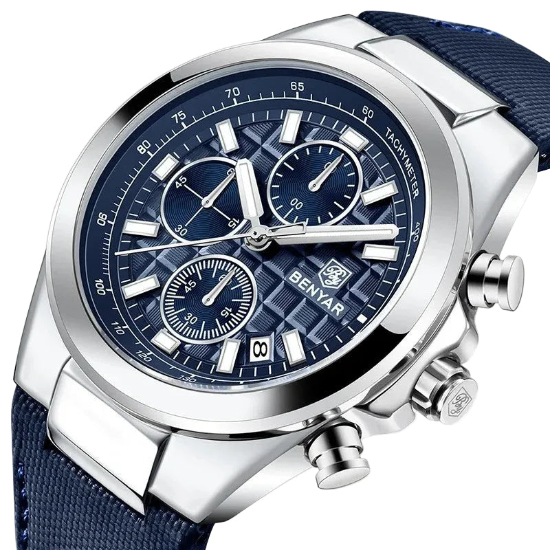 BENYAR BY-5206 Men's Quartz Chronograph Watch - Leather Blue
