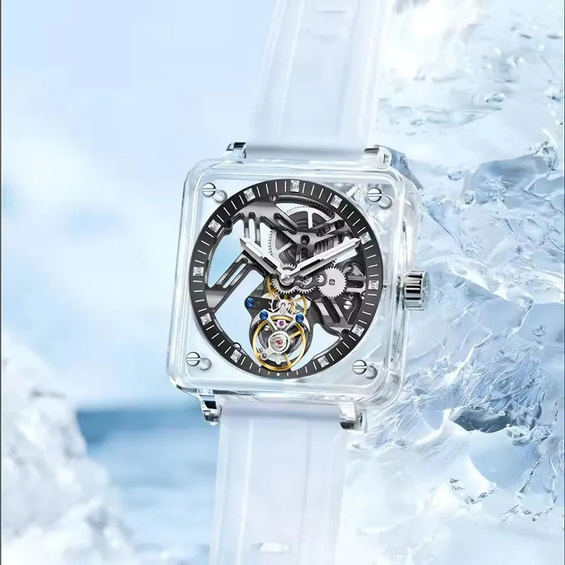 PINDU Tourbillon Movement Sapphire Mirror Men Transparent Case Rubber Strap