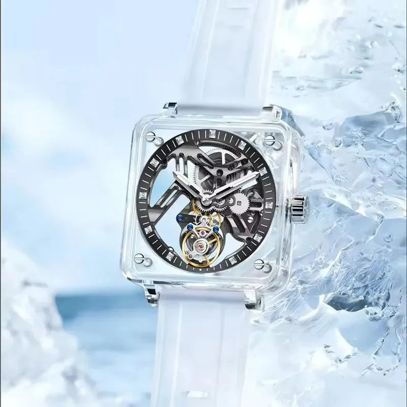 PINDU Tourbillon Movement Sapphire Mirror Men Transparent Case Rubber Strap-PrimeTimepiece