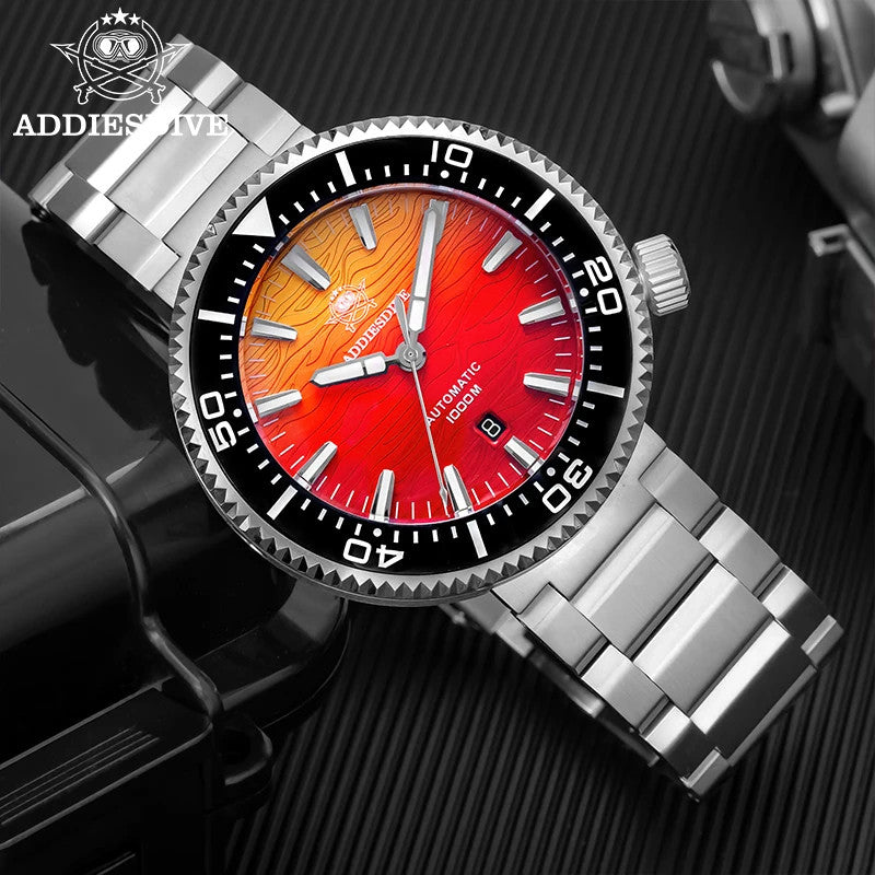 ADDIESDIVE AD2526 Automatic Flame Clouds Texture BGW9 Diving Waterproof Watch