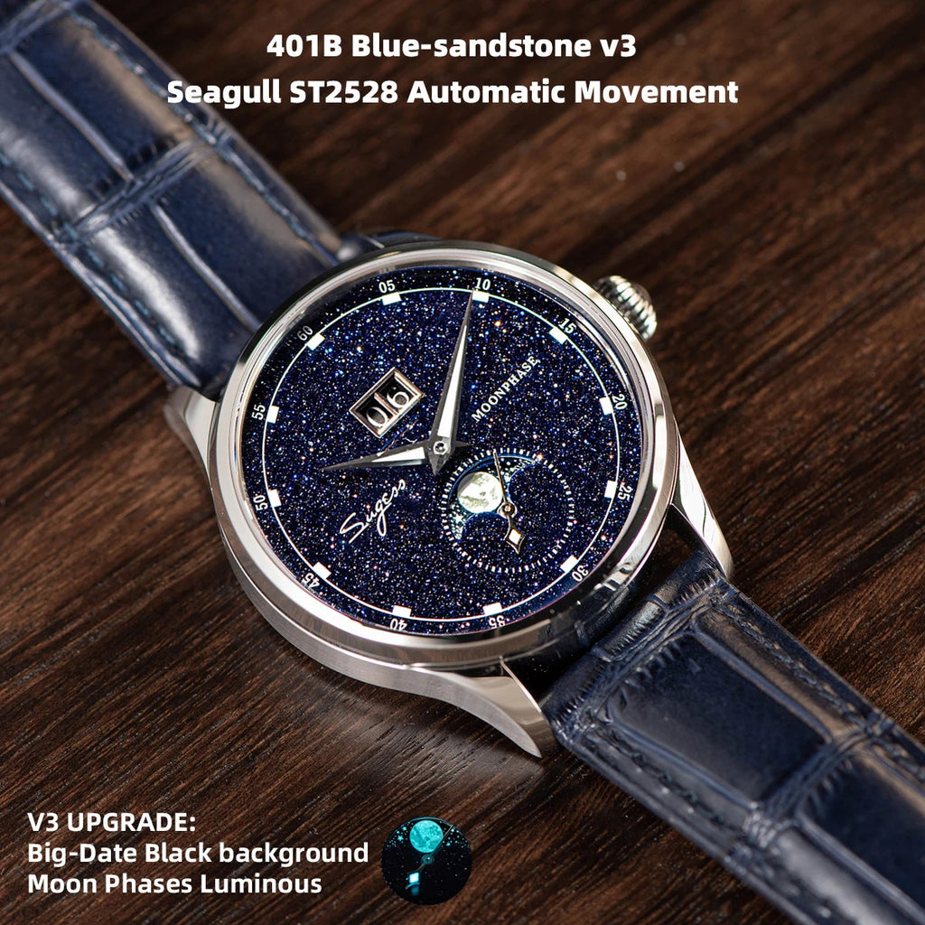 Sugess S401B Moonphase 40MM Automatic Blue Sandstone Dial Blue
