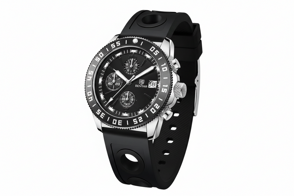 BENYAR BY-5198 Men's Quartz Sports Chronograph Watch in Blue Silver with watch