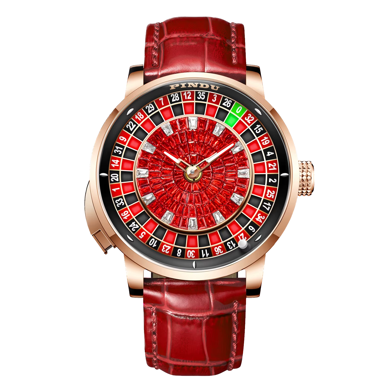 PINDU Button Rotating Red Diamond Dial Mechanical NH35 Automatic Watch For Men