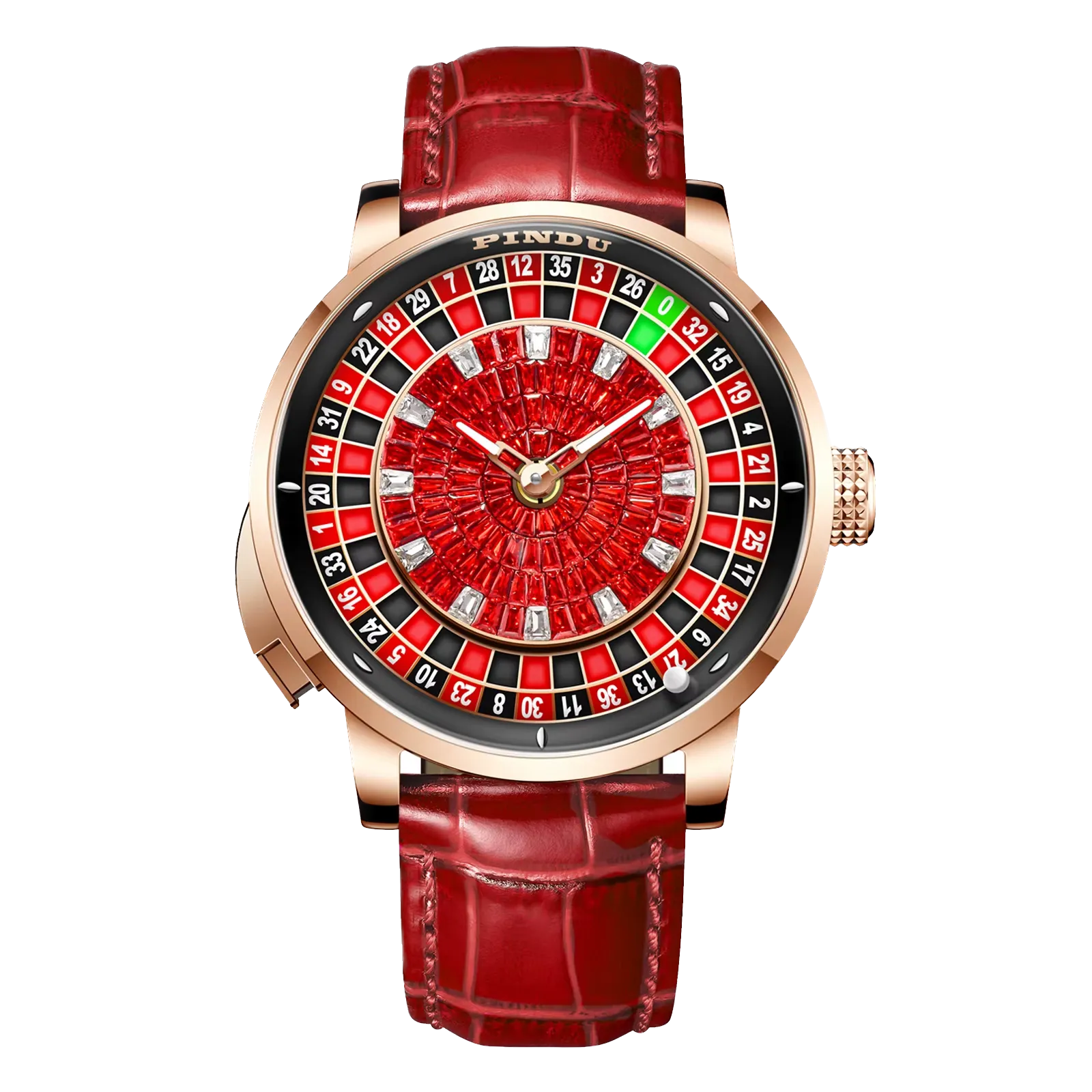 PINDU Button Rotating Red Diamond Dial Mechanical NH35 Automatic Watch For Men-PrimeTimepiece