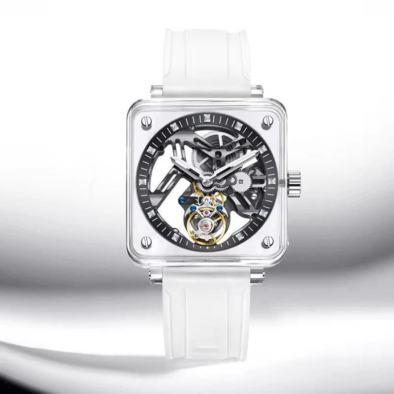 PINDU Tourbillon Movement Sapphire Mirror Men Transparent Case Rubber Strap