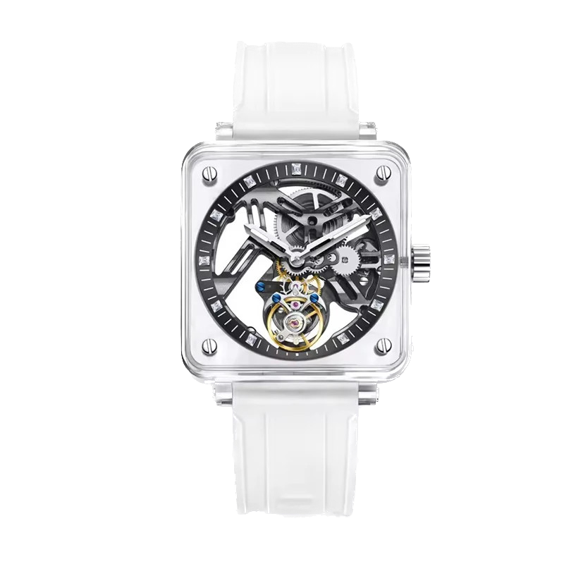 PINDU Tourbillon Movement Sapphire Mirror Men Transparent Case Rubber Strap