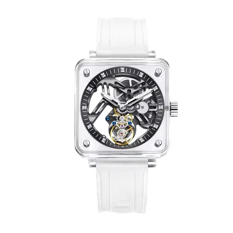 PINDU Tourbillon Movement Sapphire Mirror Men Transparent Case Rubber Strap-PrimeTimepiece