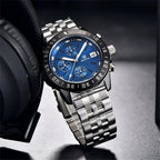 BENYAR BY-5198 Men's Quartz Sports Chronograph Watch in Blue Silver with watch