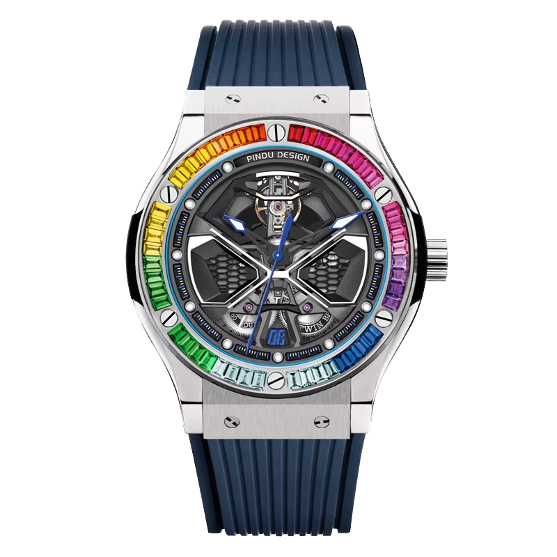 PINDU Luxury Color Diamond Mechanical Stainless Steel, Silicone Waterproof Watch