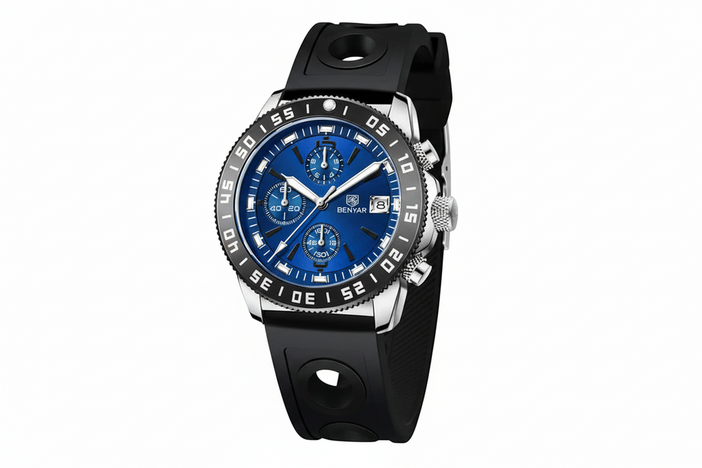 BENYAR BY-5198 Men's Quartz Sports Chronograph Watch in Blue Silver with watch