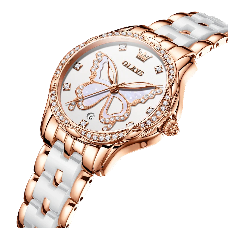 OLEVS Luxury Butterfly Diamond Rose Gold Ceramics Steel Women's Watch Waterproof