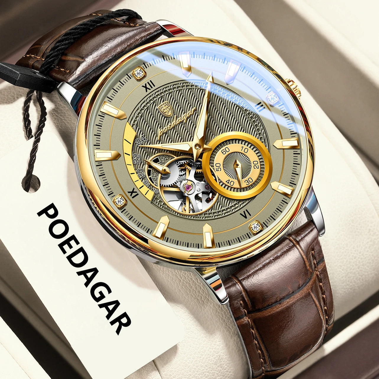 POEDAGAR 1416 Men's Hollow Tourbillon Automatic Leather Watch in Silver White with watch