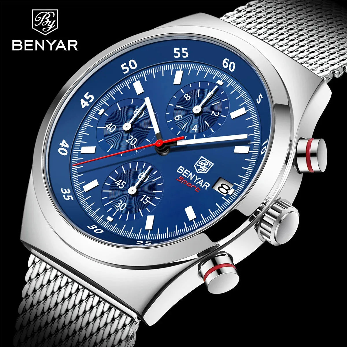 BENYAR BY-5200 43mm Night Light Dial Men's Quartz Watch Chronograph Waterproof-PrimeTimepiece
