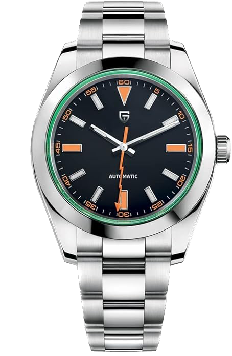 Silver wristwatch with a black and green dial on a white background