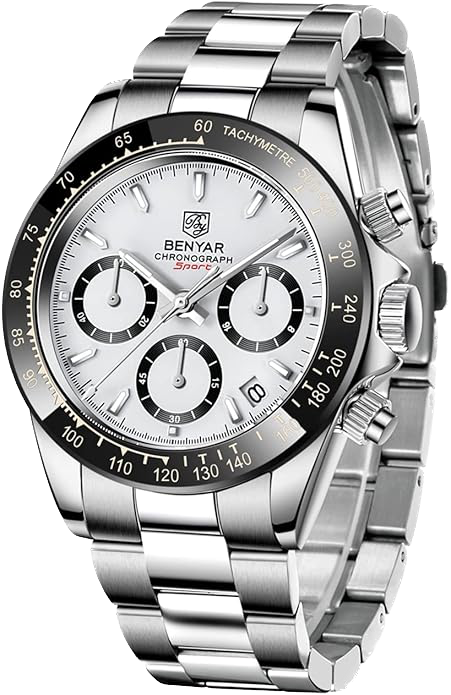 Silver Benyar chronograph watch with a white face on a white background
