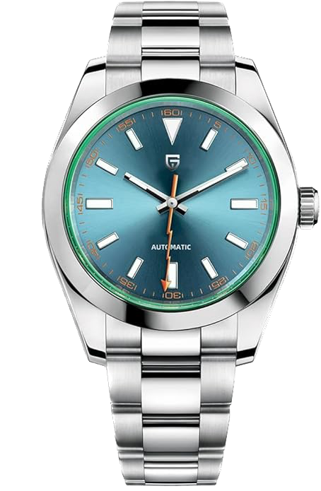 Silver wristwatch with a blue face on a white background