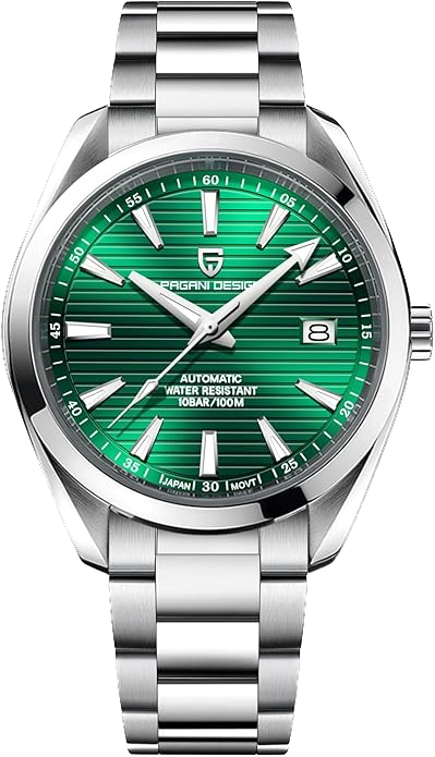 Watch with green dial and silver metal strap on a white background