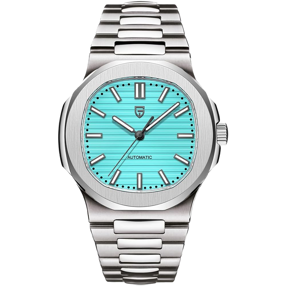Silver watch with a turquoise face on a white background