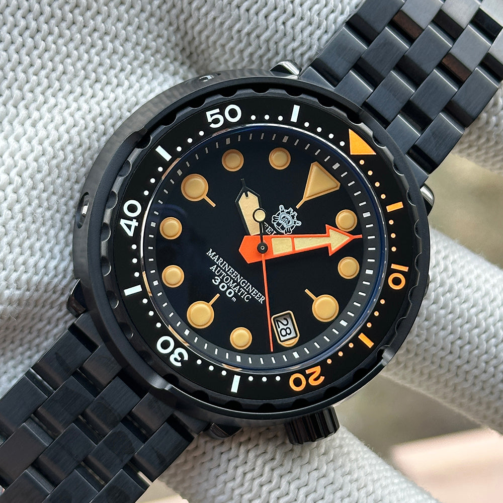 STEELDIVE SD1975XV black PVD Tuna dive watch with orange accents on a black PVD steel bracelet