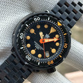 STEELDIVE SD1975XV black PVD Tuna dive watch with orange accents on a black PVD steel bracelet