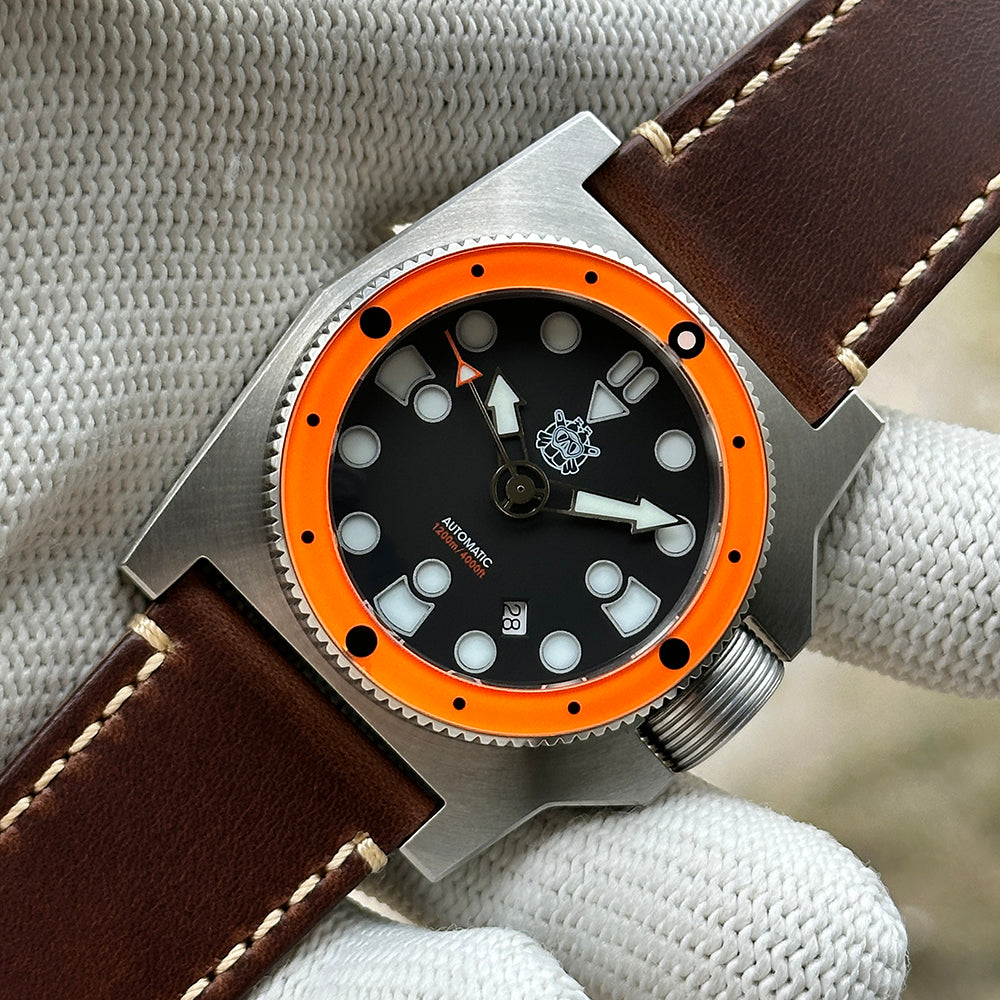 STEELDIVE SD2213 front view on a dark brown leather strap showing the date window