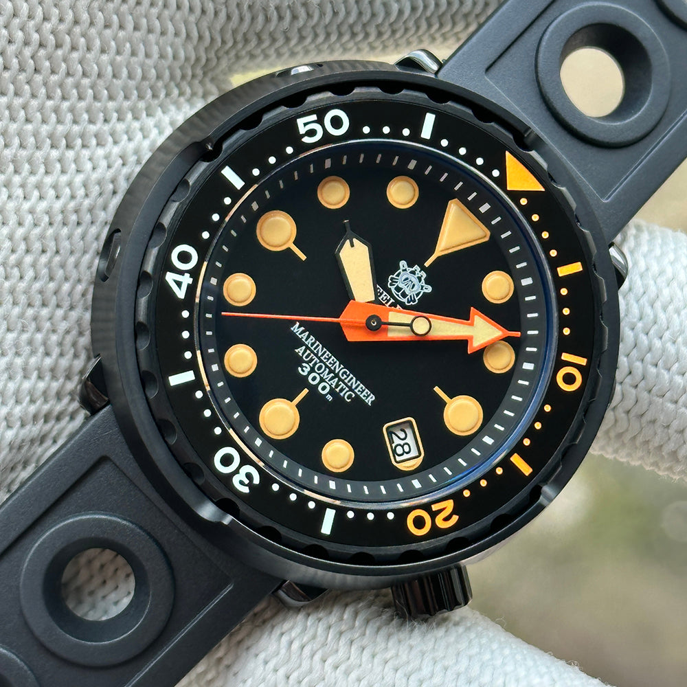 STEELDIVE SD1975XV black PVD Tuna dive watch on a black perforated rubber strap