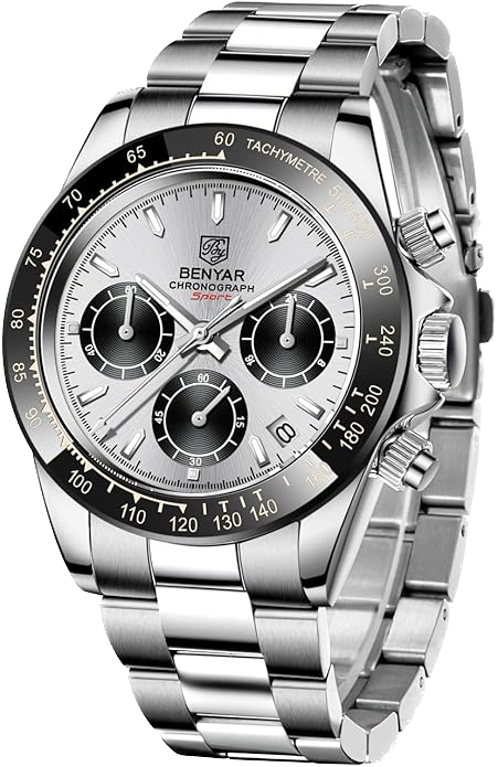 Silver Benyar chronograph watch with a white face on a white background