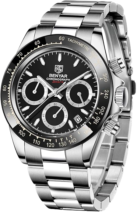 Silver Benyar chronograph watch with black dial on a white background