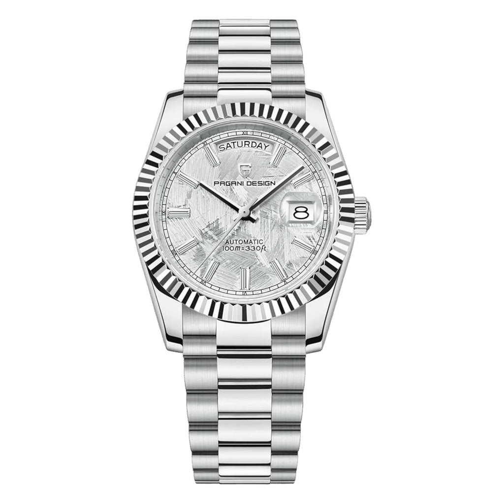 Pagani Design PD-1752 silver meteorite dial men's day-date automatic watch, front view