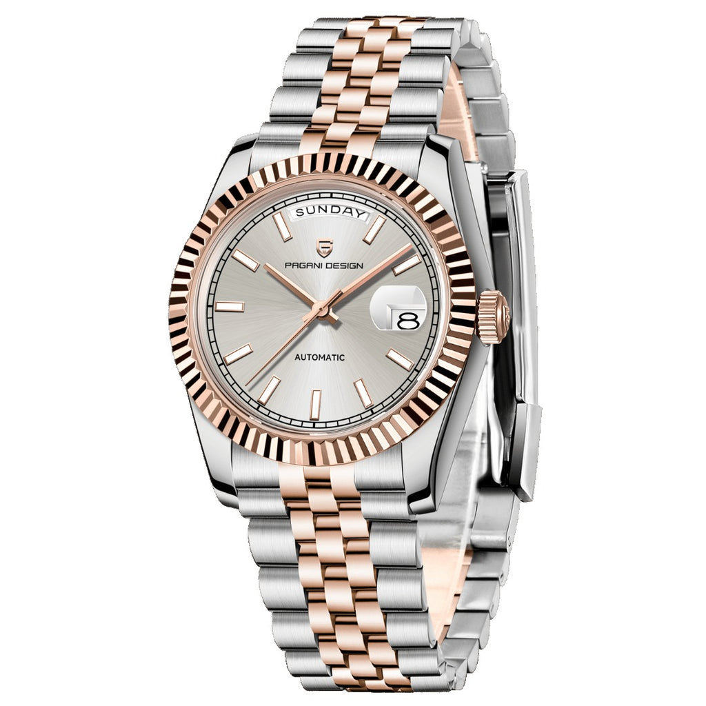 Pagani Design PD-1752 silver dial men's day-date automatic watch, two-tone rose gold, side view