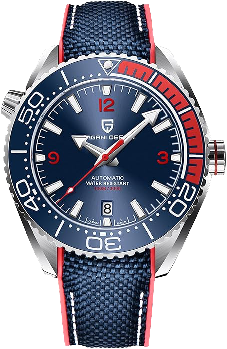 Watch with blue and red strap on a white background