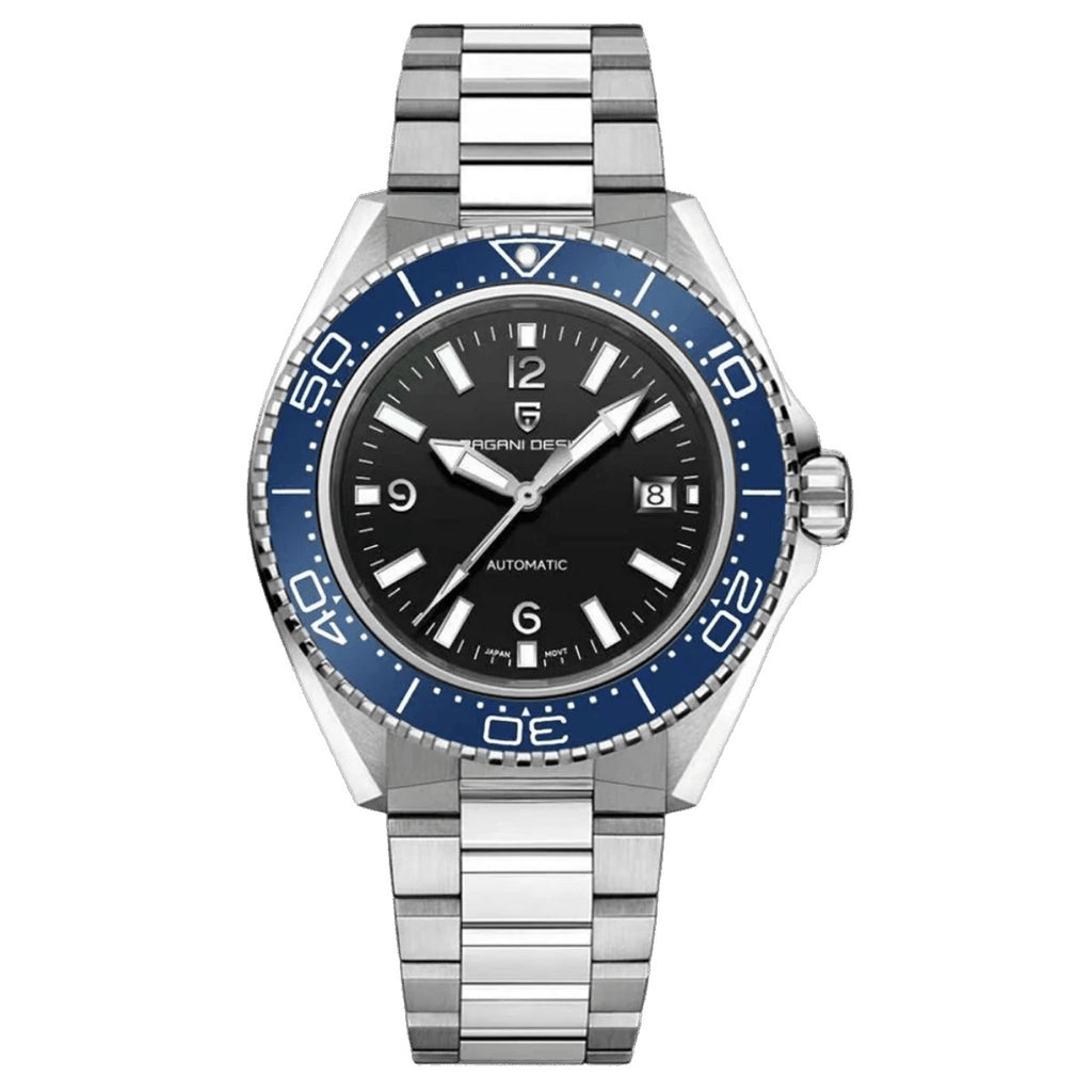 Pagani Design PD-YS034 black dial blue bezel men's dive automatic watch, steel bracelet front view