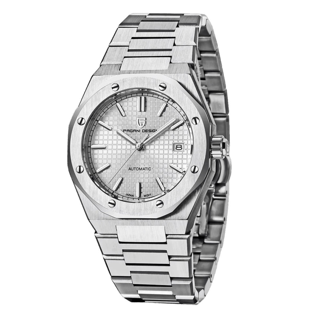 Pagani Design PD-1673 white dial men's automatic watch, stainless steel bracelet, front view
