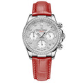 Pagani Design PD-1730 women's quartz watch, silver glitter dial, red leather strap, front view