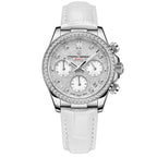 Pagani Design PD-1730 women's quartz watch, silver glitter dial, white leather strap, front view