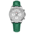 Pagani Design PD-1730 women's quartz watch, silver glitter dial, green leather strap, front view
