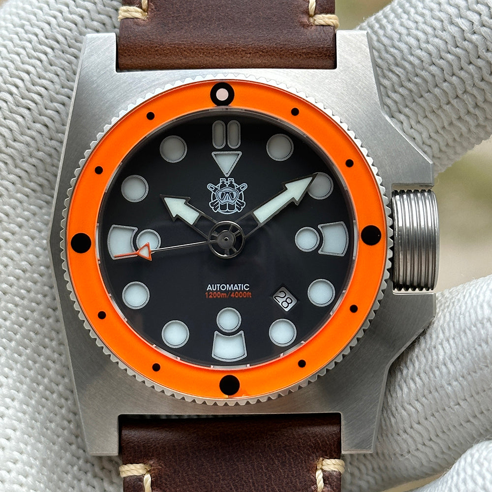 STEELDIVE SD2213 black dial with round lume plots and orange bezel on brown leather