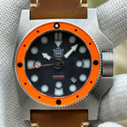 STEELDIVE SD2213 dial close-up on brown leather, marked Automatic 1200m 4000ft