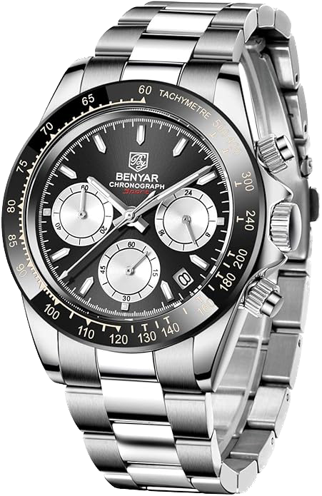 Silver Benyar BY-5169, chronograph watch with black dial, front view