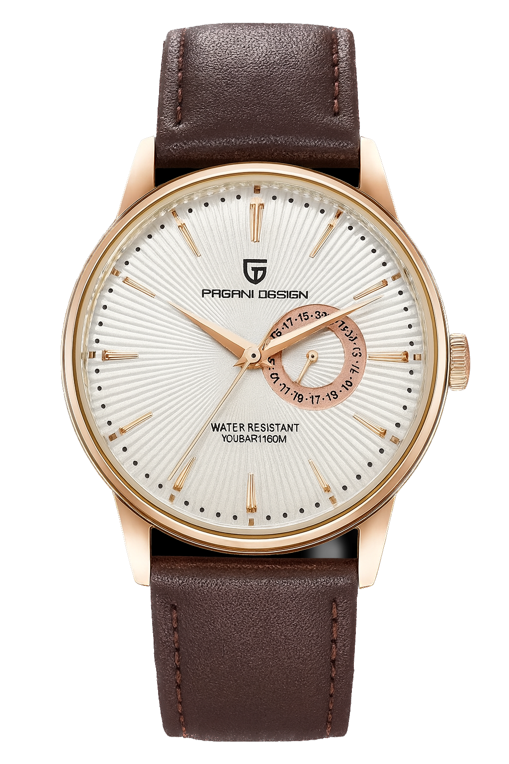 Watch with brown leather strap and rose gold case on white background