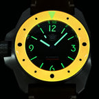STEELDIVE SD2212 glowing in the dark, orange bezel lit yellow and the numerals green